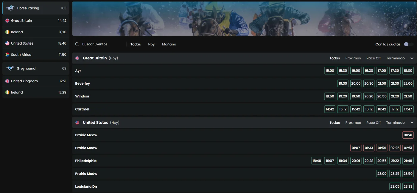 Mystake Casino con apuestas en carreras de caballos y galgos con próximos eventos y horarios